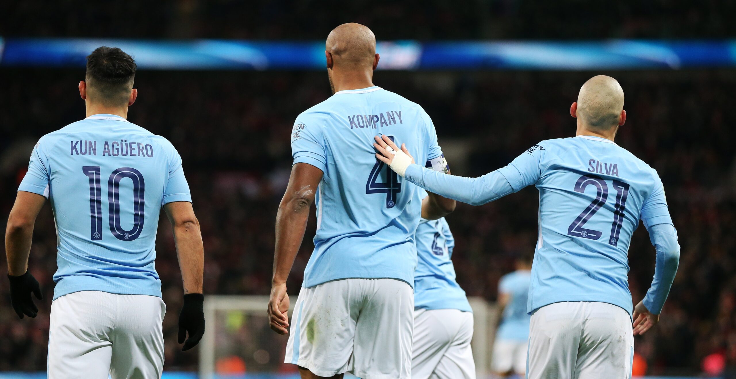 Vincent Kompany of Manchester City celebrates after scoring the second goal with Sergio Aguero and David Silva of Manchester City during the Carabao Cup Final between Arsenal and Manchester City at Wembley Stadium on February 25, 2018 in London, England. (Photo by Manchester City FC/Man City via Getty Images)