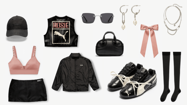 Collage of an outfit to go with Rosé's first PUMa collection.