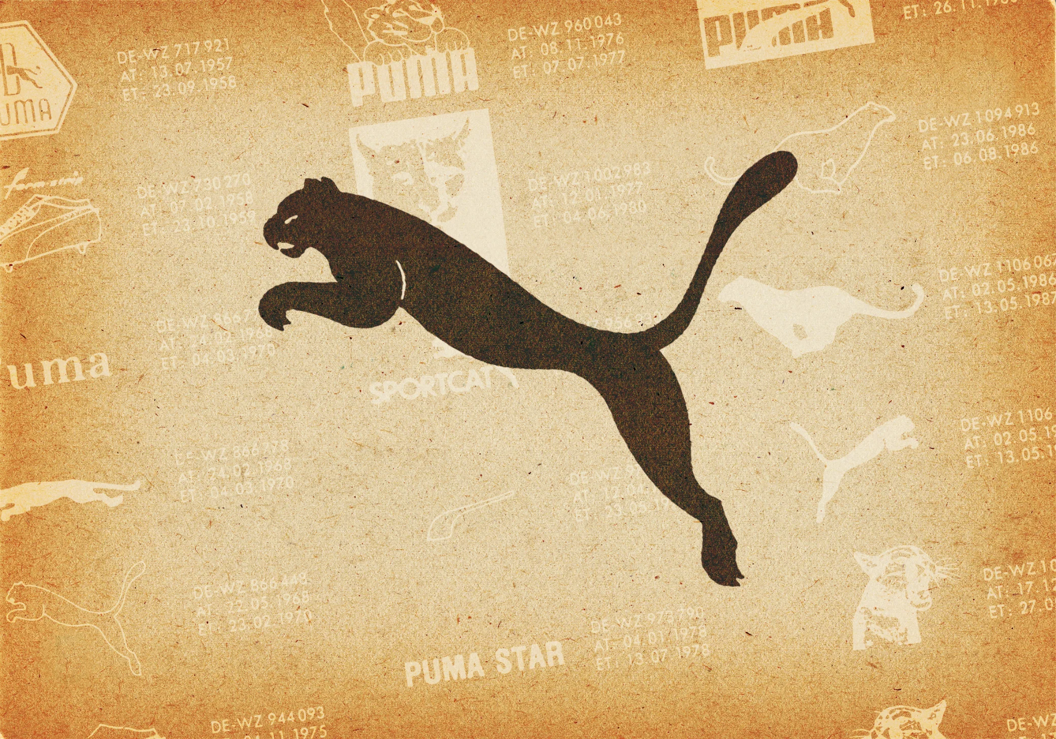 Vintage Puma logo featuring the PUMA cat on a yellowed, textured background.